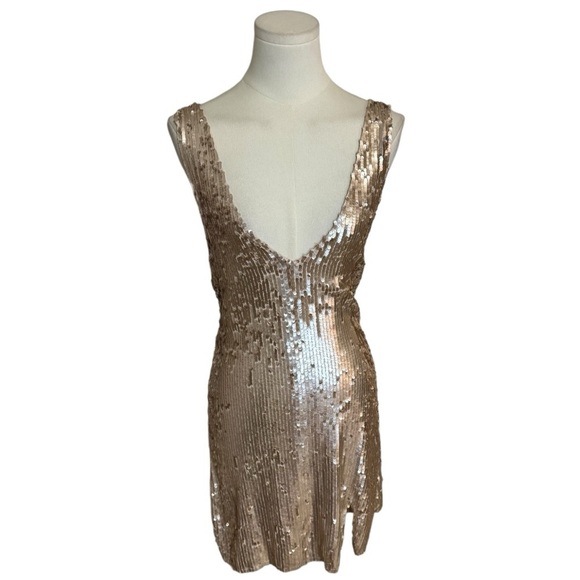 AUDREY 3+1 Champagne Gold Sequin Mini Dress Party NYE Size M Dance Deep V Neck - Picture 1 of 9